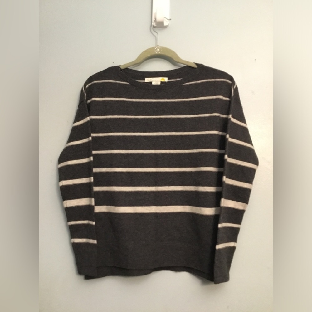 C&C California Dark Gray and White Striped Crewneck Sweater